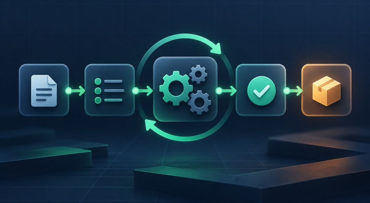 A vertical illustration of three connected checkmarked circles, each paired with a small gear, workflow-loop, or cloud-sync icon, representing repeatable steps ready to automate.