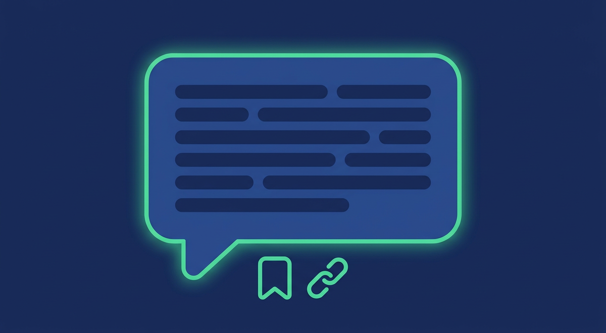 A chat-style answer bubble illustration with abstract text-line bars and a small bookmark-and-link icon attached at the bottom edge, representing an AI-generated answer with a cited source.