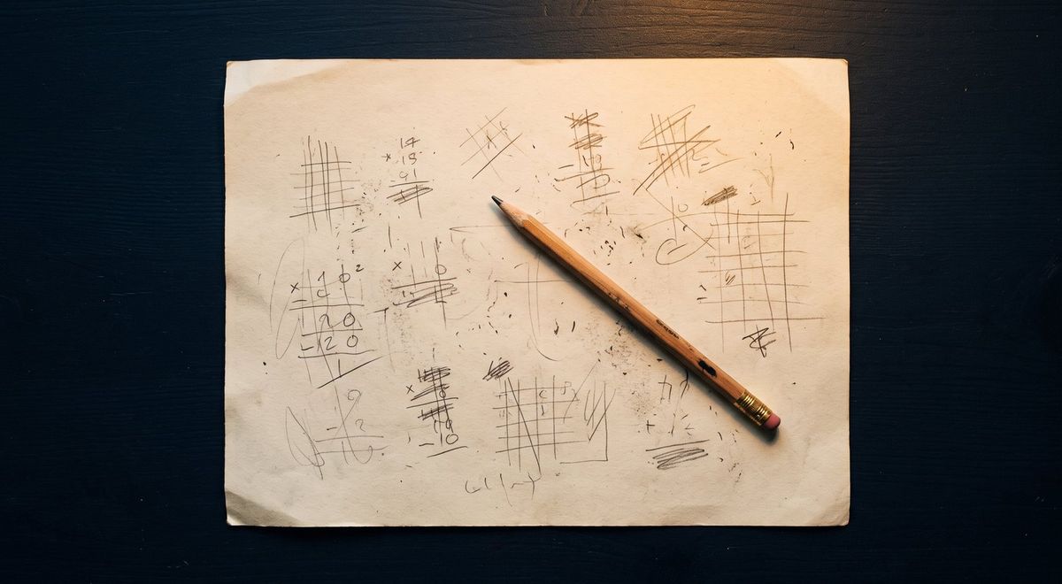 A sheet of cream paper covered in pencil working and eraser smudges under a single amber work light.
