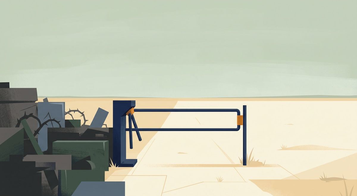 A single gate bar set in an open field, dense compressed weight on one side of it and clear space on the other.