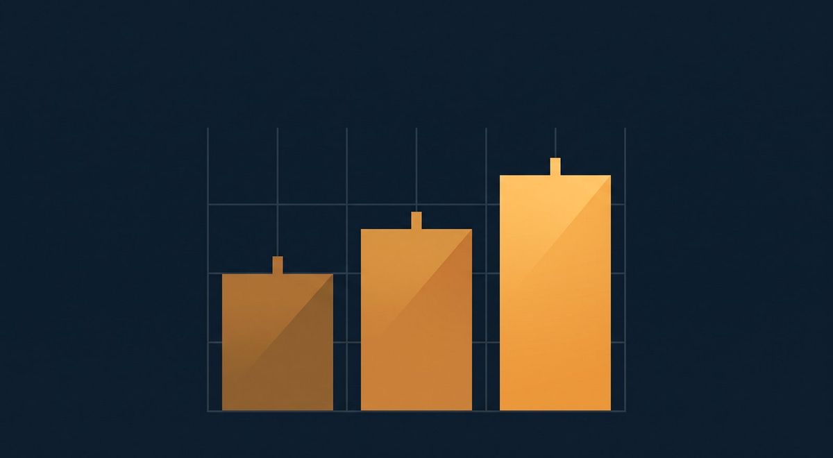 Three geometric bars rising in height from left to right in graduating amber tones, each notched at its top edge.