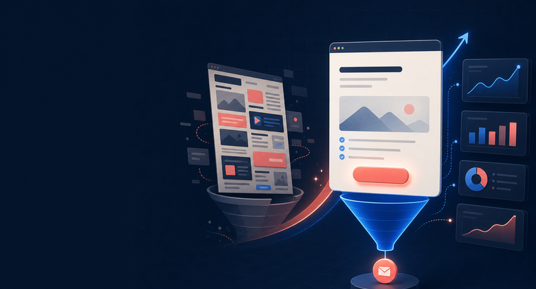 Editorial illustration of a landing page funnel becoming a clearer conversion path beside analytics panels