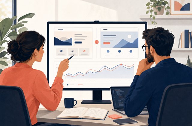 Two collaborators reviewing landing page variants and an analytics trend on a monitor