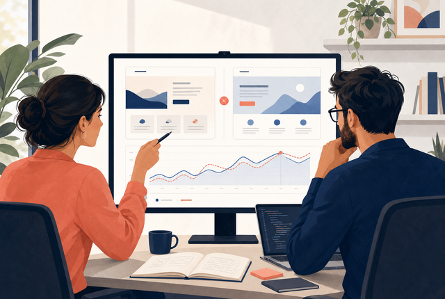 Collaborators comparing two landing page layouts and an abstract conversion trend