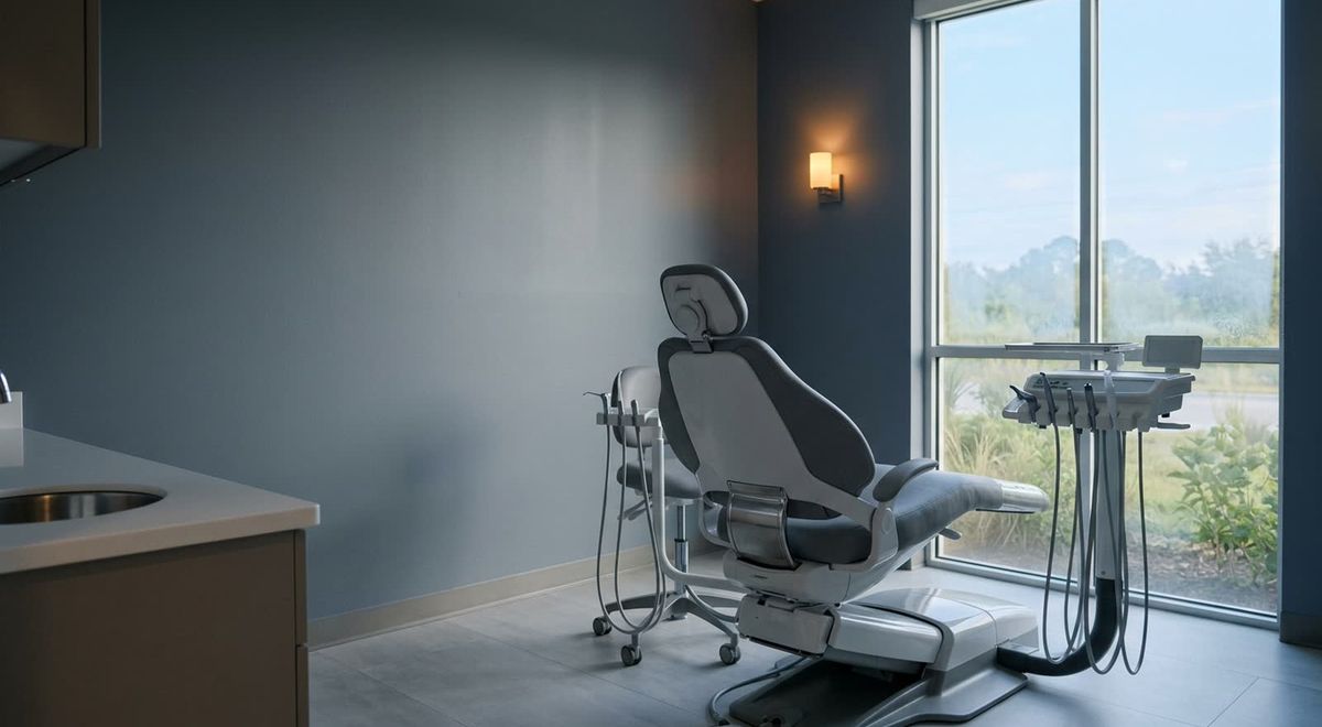 An empty dental operatory in soft morning light, the reclined chair waiting with a window of pale sky behind it.