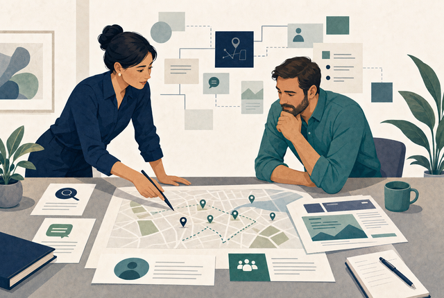 A digital marketing strategist and business owner reviewing a local campaign map