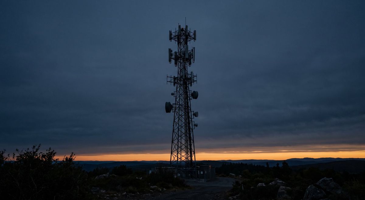 A cellular tower silhouetted from below against a deep slate dusk sky with a narrow amber band at the horizon.