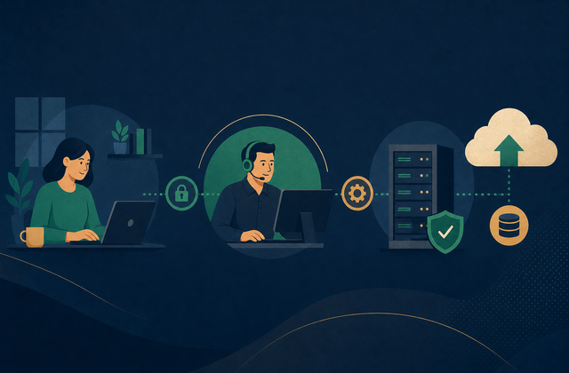 Editorial illustration of a secure path between an employee, IT support engineer, server, and cloud backup