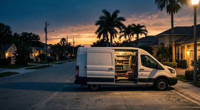 A white service van parked on a Florida residential street at dusk, its door open and no technician in sight.