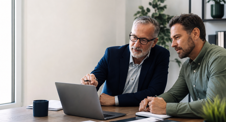 A senior technology consultant and business owner reviewing a project roadmap beside a laptop at a bright office table
