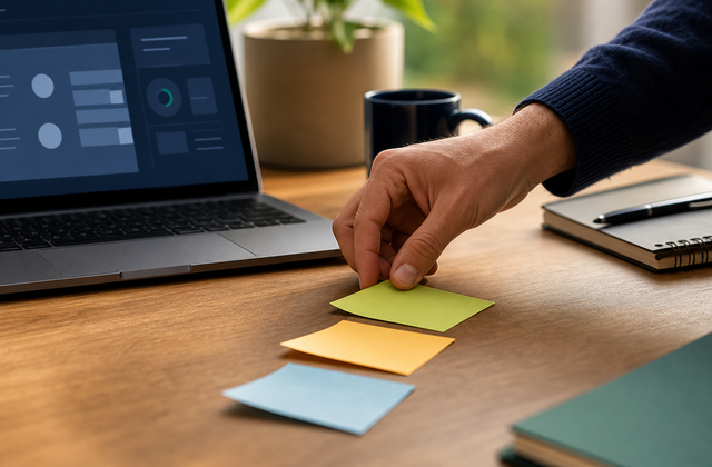 A consultant organizing prioritized task cards beside a laptop with an abstract dashboard