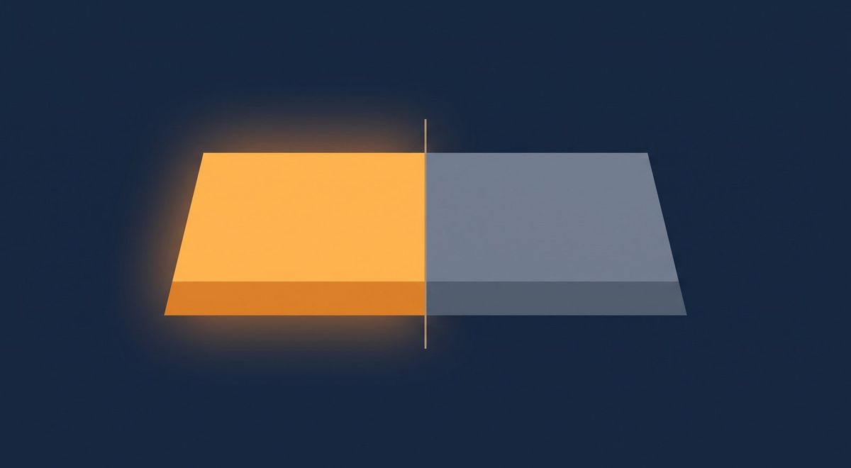 A large geometric button split down the middle, one half lit warm amber and responsive, the other dull slate and delayed.