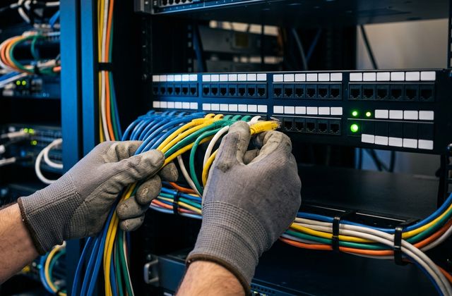 A technician checks a compact business server rack and network status lights beside a laptop.