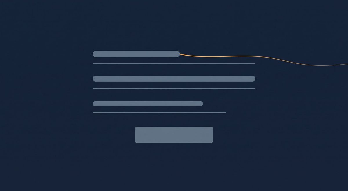 An abstract form of three input lines and a button, a thin amber line trailing off the frame from the topmost field.