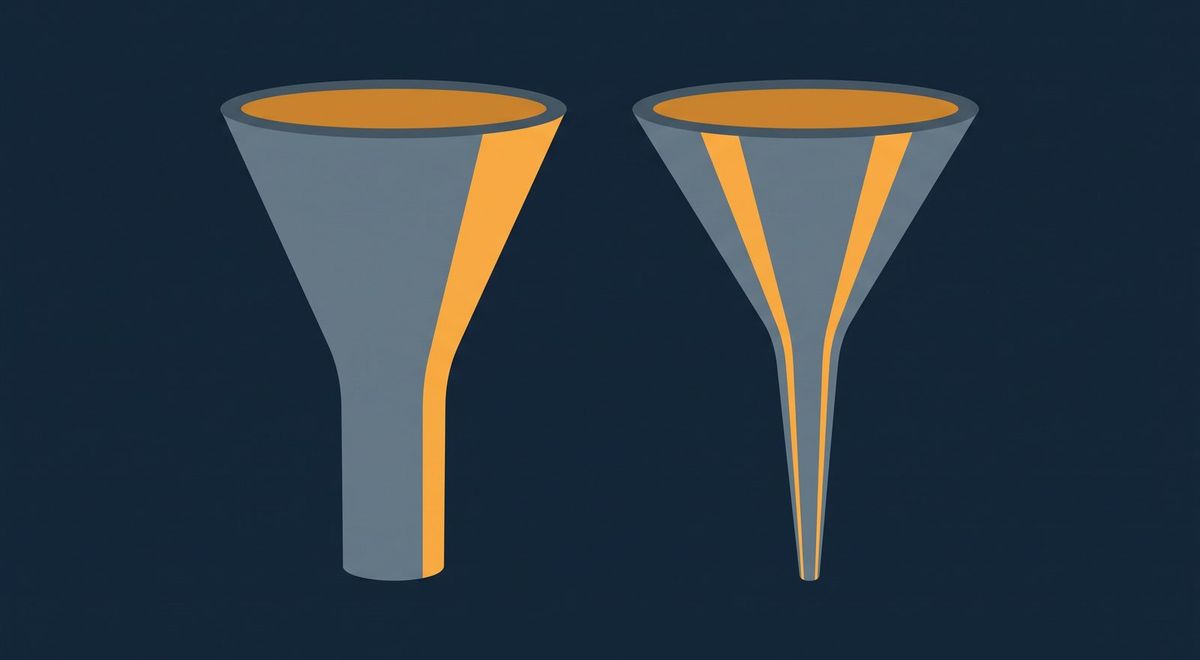 Two funnels side by side, the left tapering moderately and the right narrowing almost to a point.