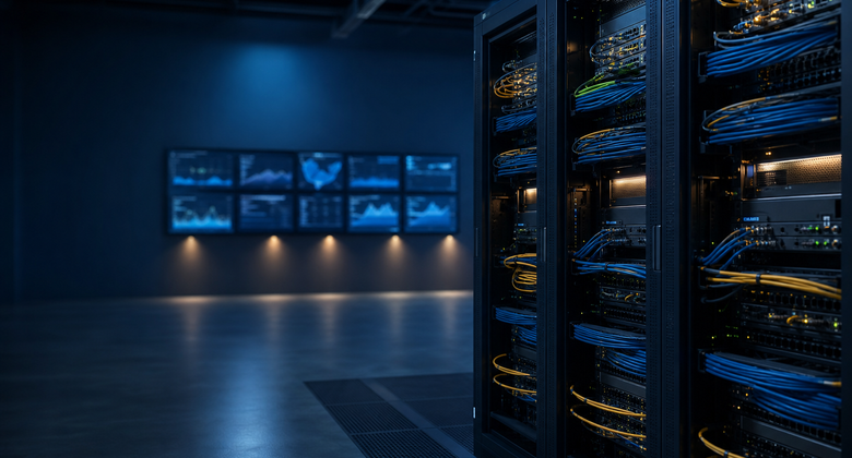 Organized server racks and network cabling in a cool blue data center, representing reliable infrastructure performance