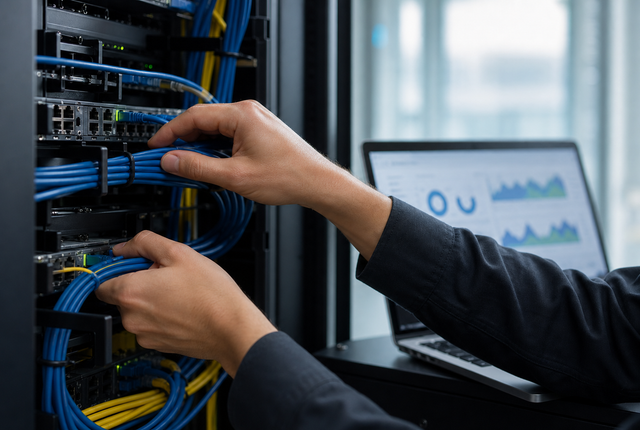 Hands organizing server cables beside a performance monitoring laptop
