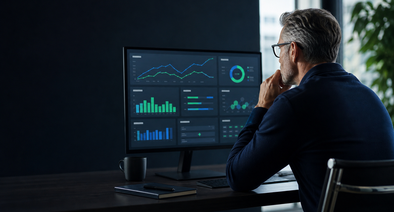 Marketing operator reviewing an abstract paid search performance dashboard