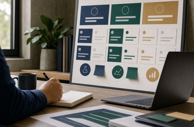 Campaign planning board with abstract blocks for search intent, testing, and measurement