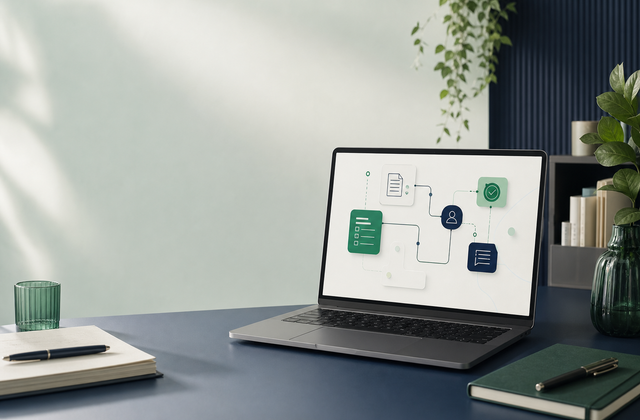 Laptop displaying a connected process workflow on a calm navy and emerald operations desk
