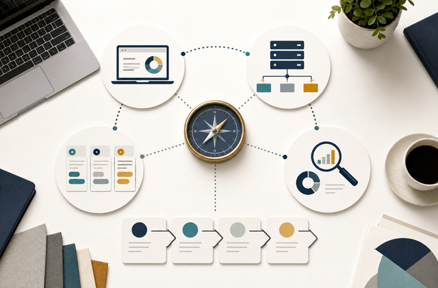 Top-down illustration of four connected technology audit lenses around a compass and a prioritized roadmap
