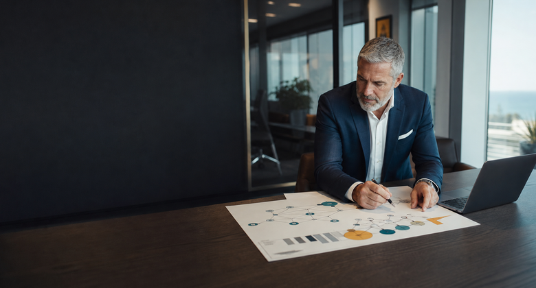 Senior consultant reviewing an abstract technology roadmap beside a laptop in a bright office