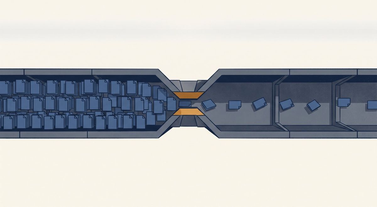 A narrow pipeline constricted at its midpoint, a dense queue of page shapes backed up on one side and a trickle passing through.