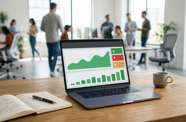 Laptop on a desk showing an upward-trending performance chart and dashboard tiles in a busy office
