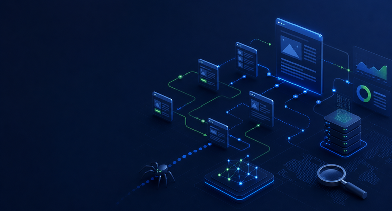 Dark editorial illustration of connected website pages, crawl paths, search signals, and a server behind a magnifying glass