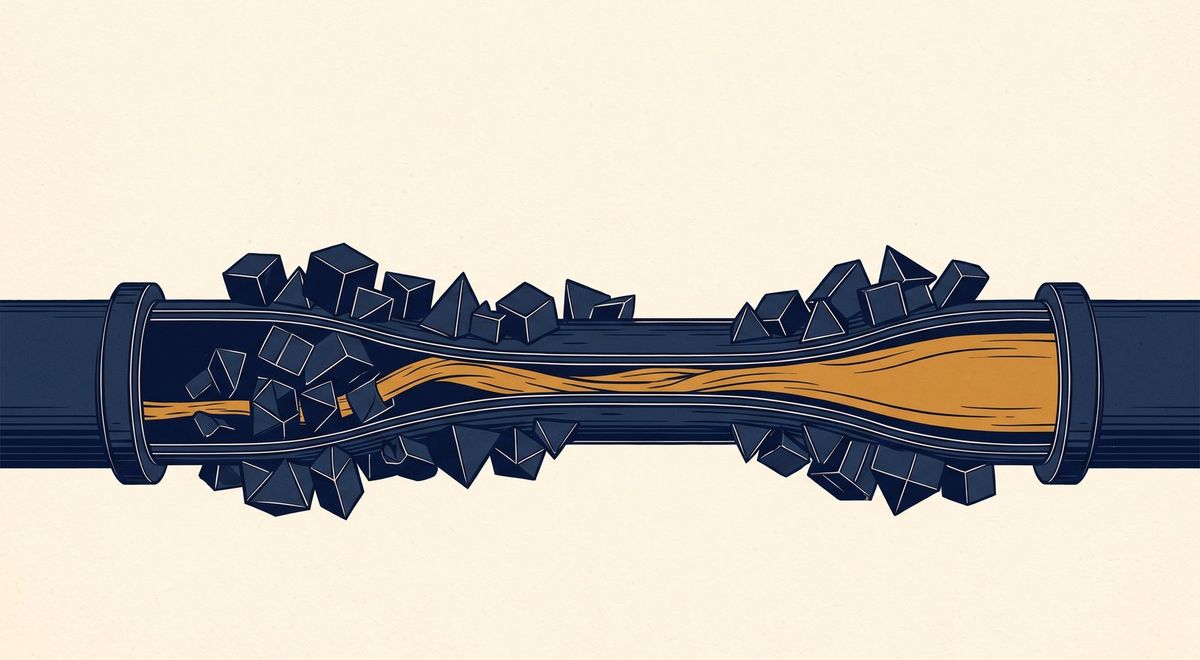 A horizontal conduit crowded from the outside by small geometric forms pressing in and narrowing the flow.