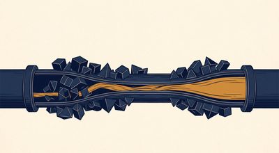 A horizontal conduit crowded from the outside by small geometric forms pressing in and narrowing the flow.
