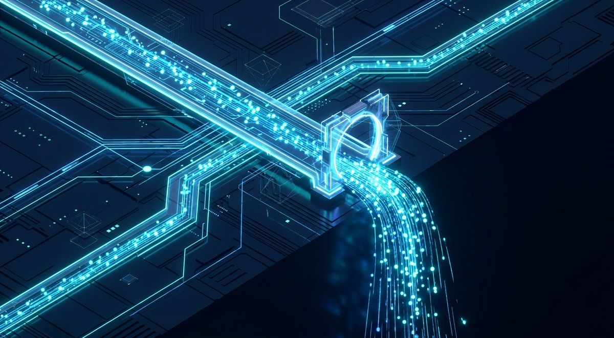 An isometric neon data track that runs level until a ring-shaped gateway, where the stream of light bends sharply and pours over an edge into darkness.