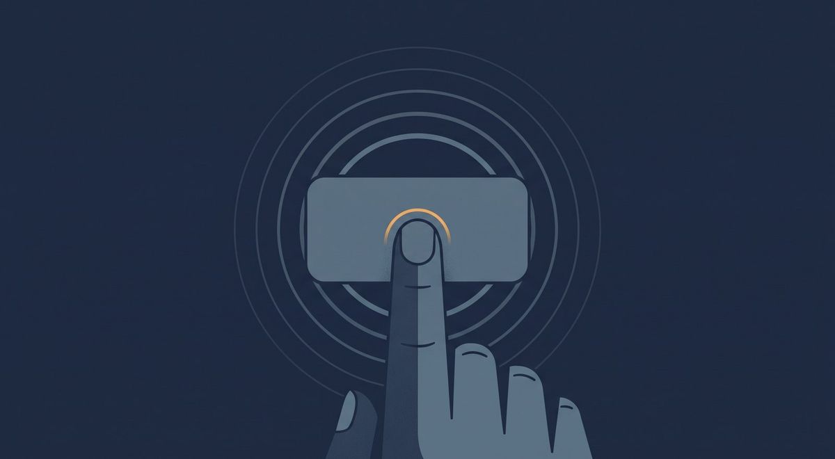 A finger pressing a button as slate ripples radiate outward while the button itself stays unlit and unresponsive.