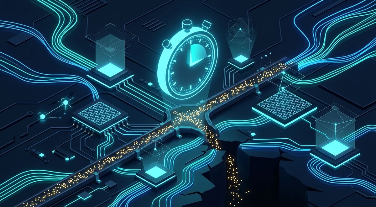An isometric neon circuit landscape where a glowing stopwatch hangs over a conveyor of golden particles that spill off a broken edge into a dark chasm.