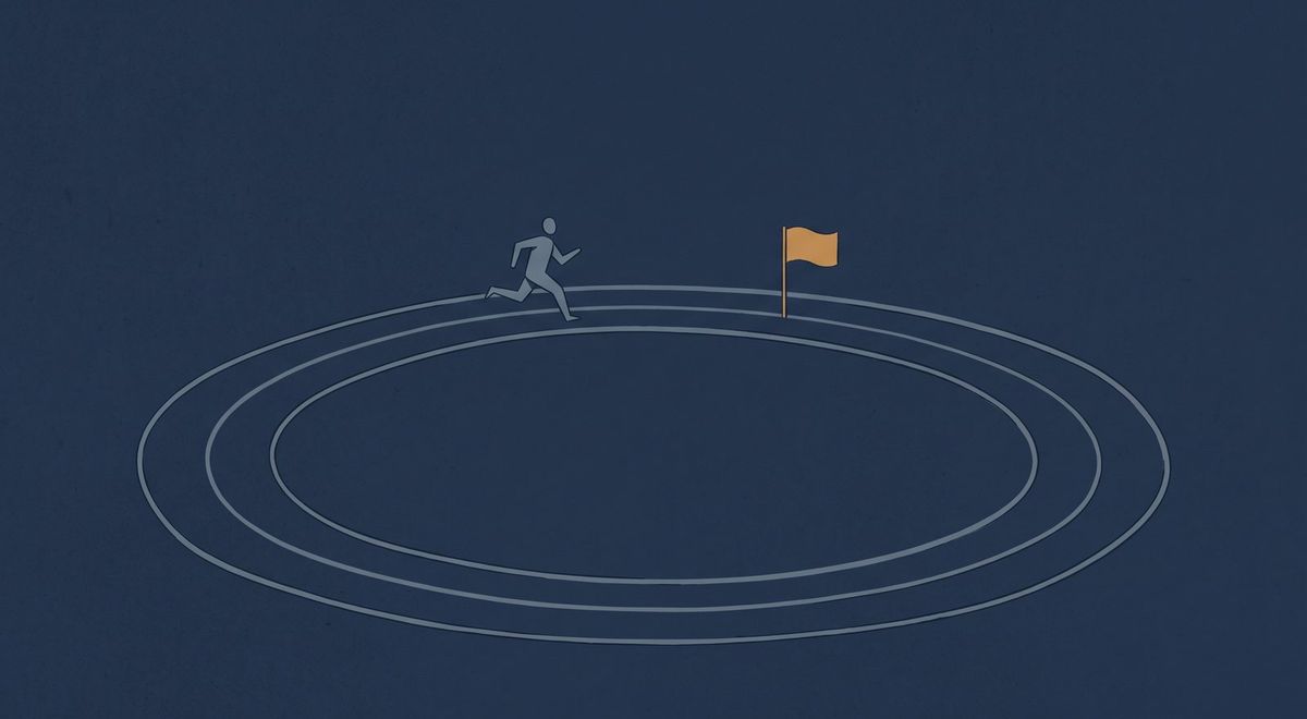 A lone figure running endlessly around a thin oval track, passing the same amber marker each lap.