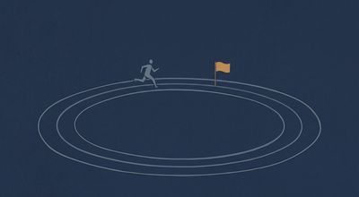 A lone figure running endlessly around a thin oval track, passing the same amber marker each lap.